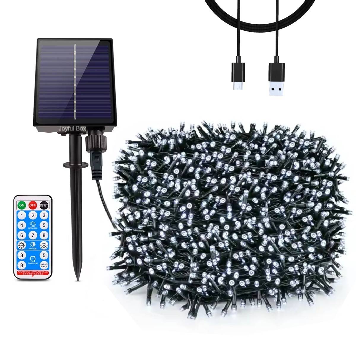 Instalatie Solara cu USB Joyful Box, 30 Metri, 300 LED-uri, Alb rece, Panou solar mare, 2200mAh, 8 jocuri de lumini, Telecomanda Wireless