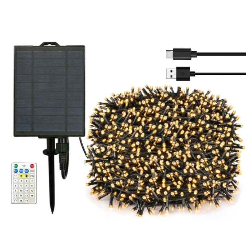 Instalatie Solara cu USB Joyful Box, 50 Metri, 500 LED-uri, Galben, Panou solar mare, 2200mAh, 19 jocuri de lumini, Telecomanda Profesionala Wireless