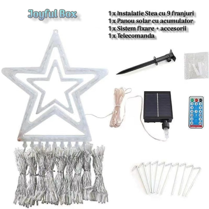 Instalatie Solara Perdea cu Stea Joyful Box, 350 LED-uri, 9 franjuri, Multicolor, 8 jocuri de lumini, Panou solar mare, Telecomanda Wireless