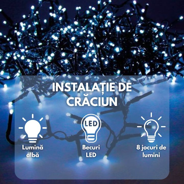 Instalatie Liniara Joyful Box, Alb rece, 50 Metri, 250 LED-uri tip diamant si 8 jocuri de lumini, pentru interior si exterior