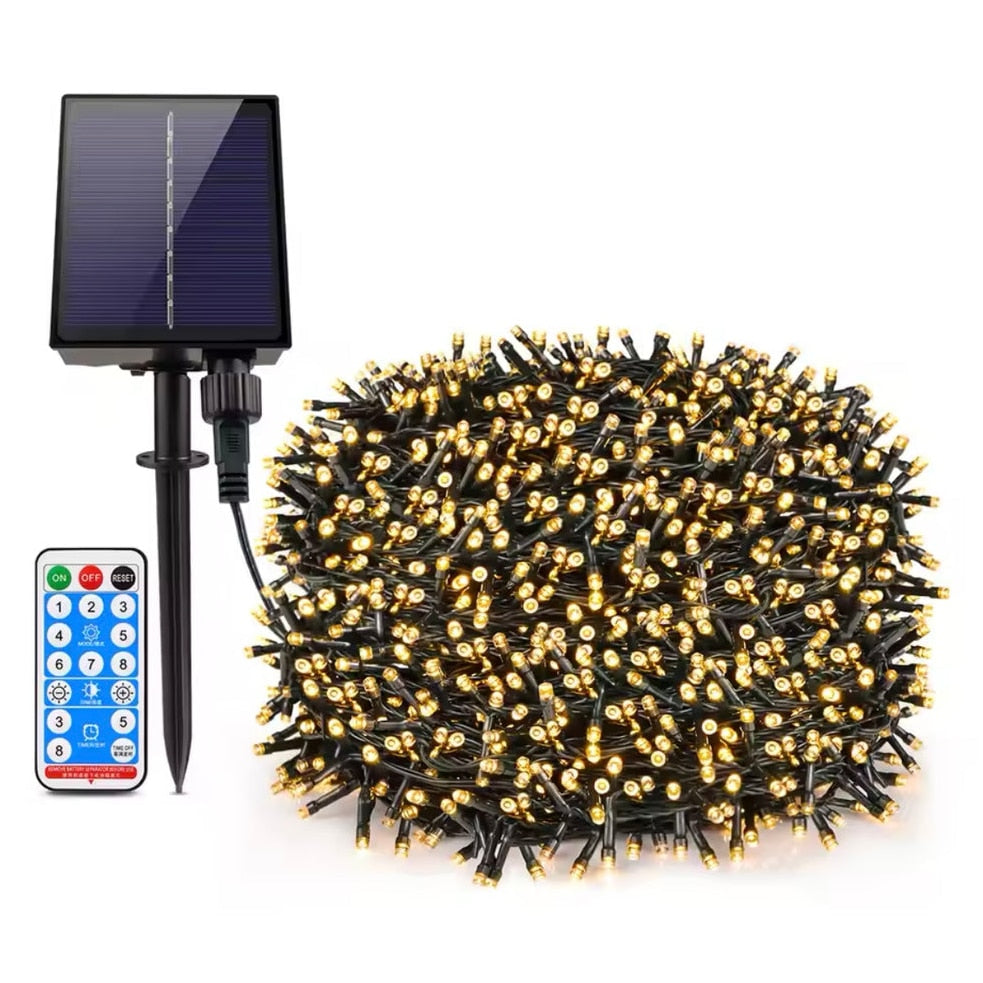 Instalatie Solara Joyful Box, 30 Metri, 300 LED-uri, Galben, Panou solar mare, 1200mAh, Telecomanda Wireless