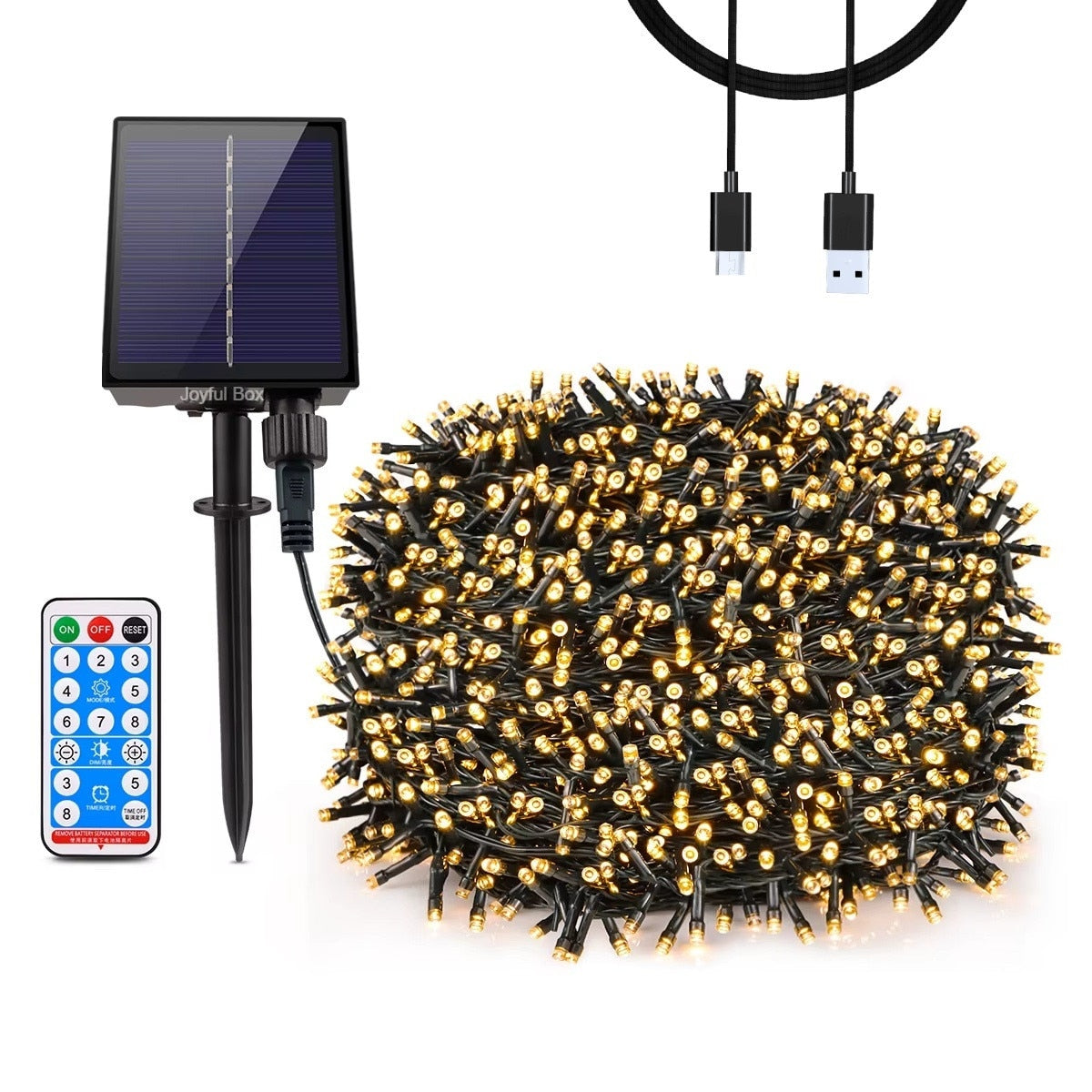Instalatie Solara cu USB Joyful Box, 30 Metri, 300 LED-uri, Galben, Panou solar mare, 2200mAh, 8 jocuri de lumini, Telecomanda Wireless