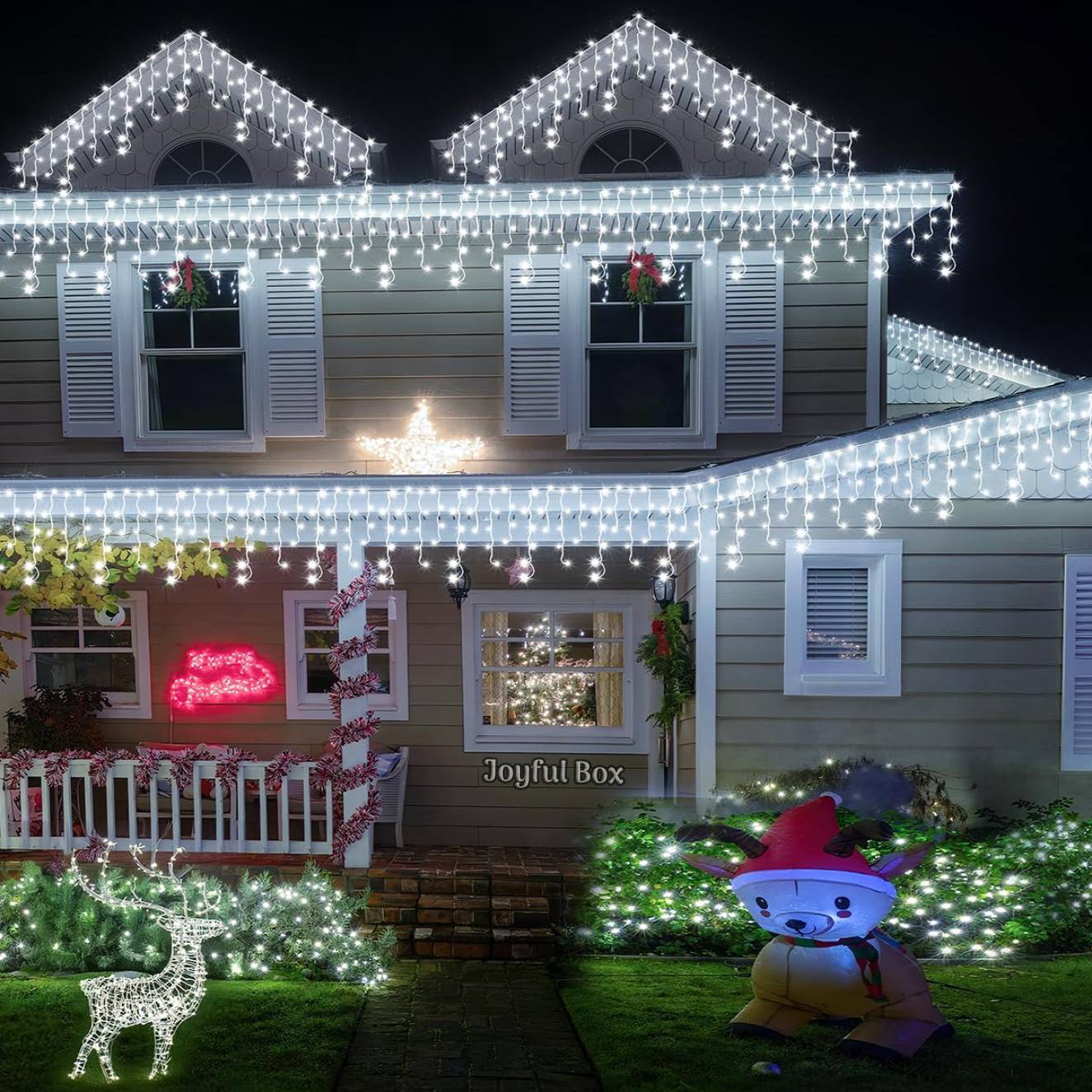 Instalatie Premium Turturi Joyful Box, 50 Metri, 1000 LED-uri, Alb rece, Flash Alb, Interconectabila, Cablu alb cauciucat