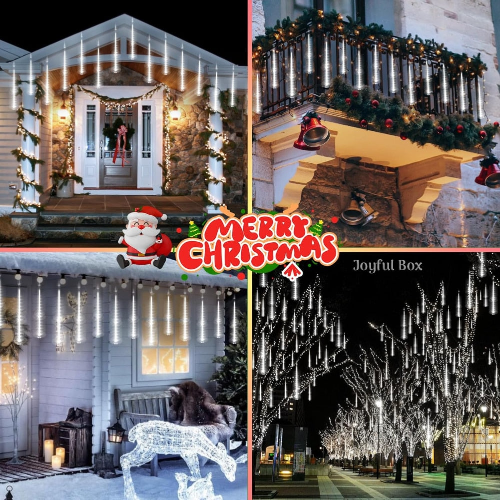 Instalatie Craciun Ploaie Meteori Joyful Box, 8 tuburi 80 cm, 4.5 Metri, Alb rece, Efect ploaie de stele, Interconectabila