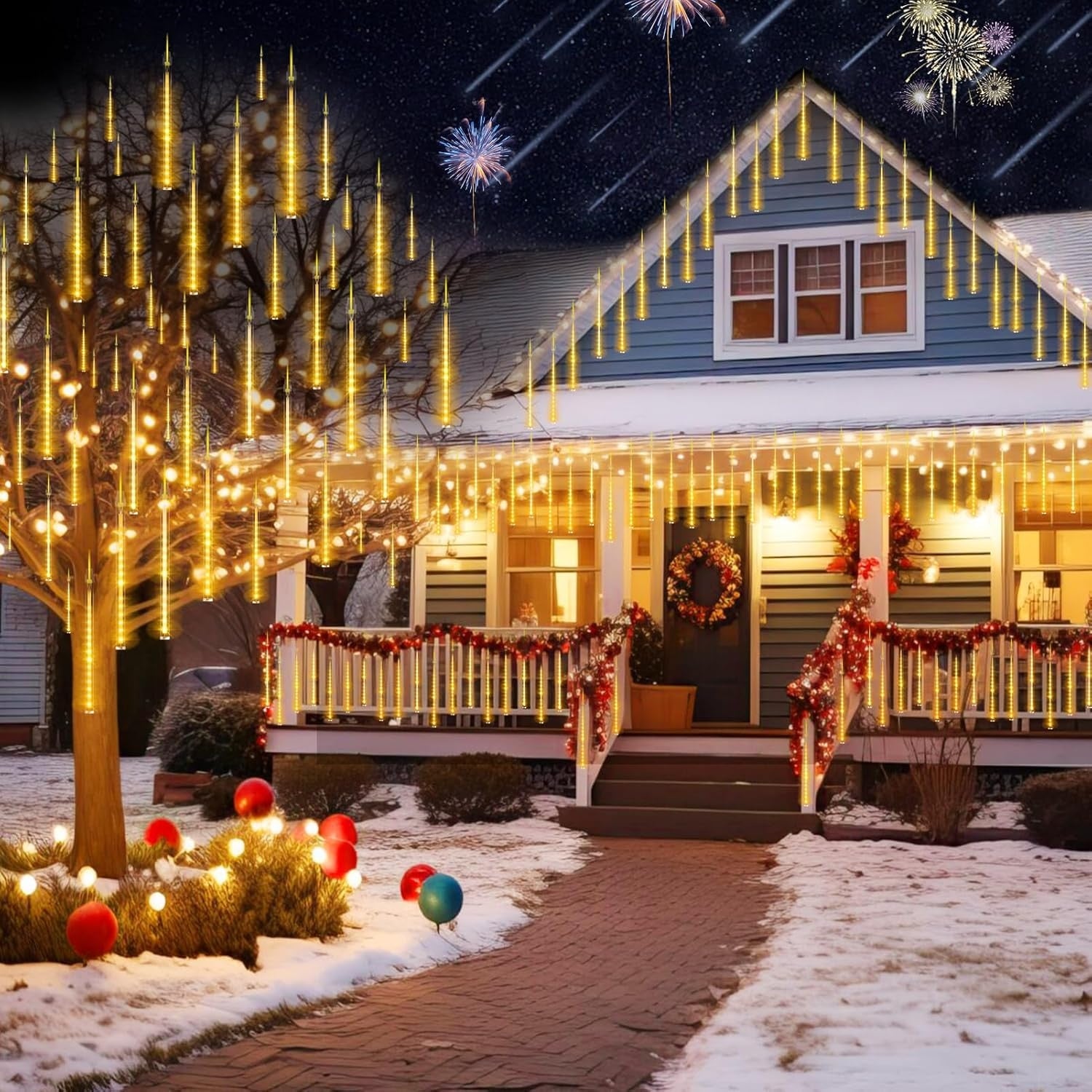 Instalatie Craciun Ploaie Meteori Joyful Box, 8 tuburi 30 cm, 4.5 Metri, Galben, Efect ploaie de stele, Interconectabila