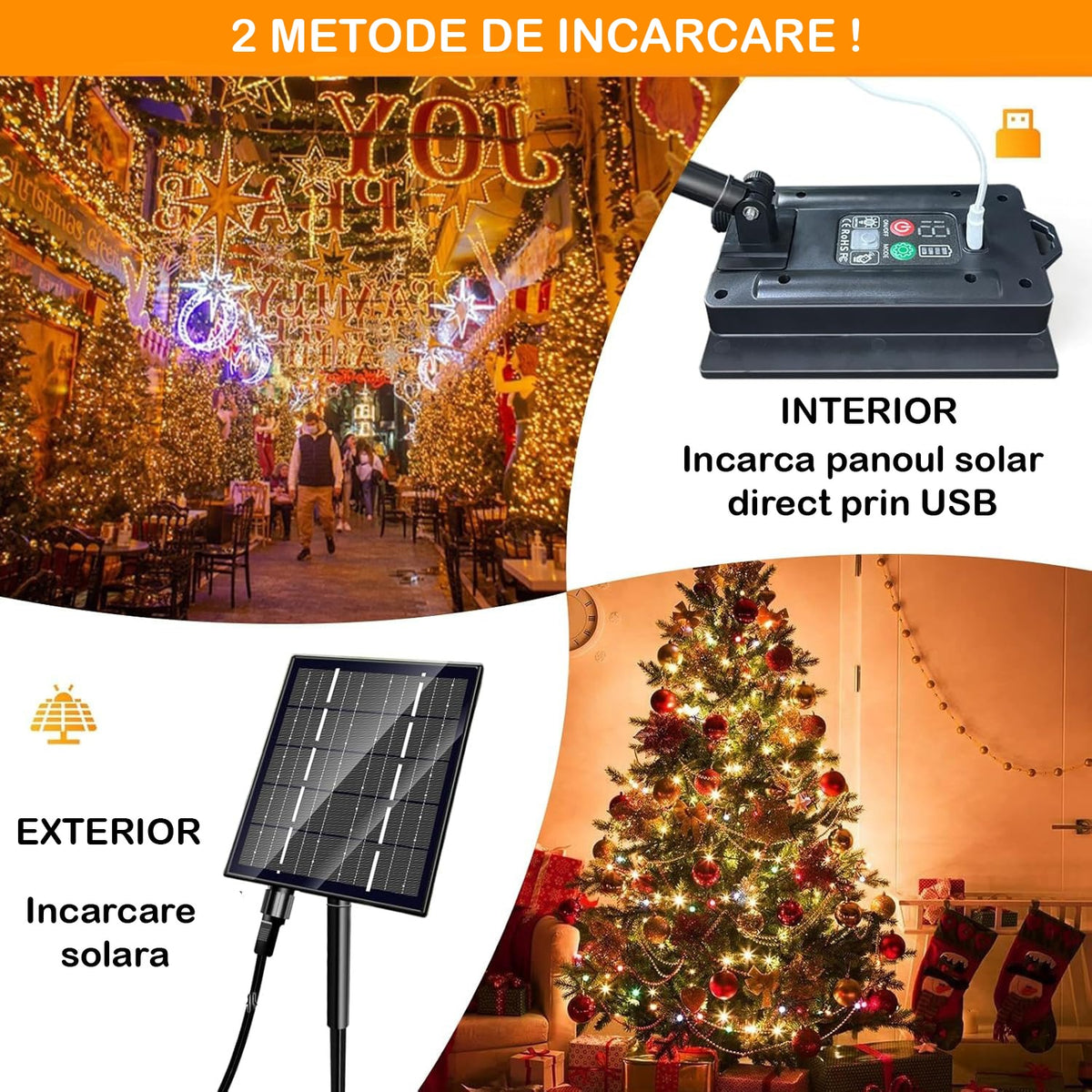 Instalatie Solara cu USB Joyful Box, 20 Metri, 200 LED-uri, Galben, Panou solar mare, 2200mAh, 8 jocuri de lumini, Telecomanda Wireless