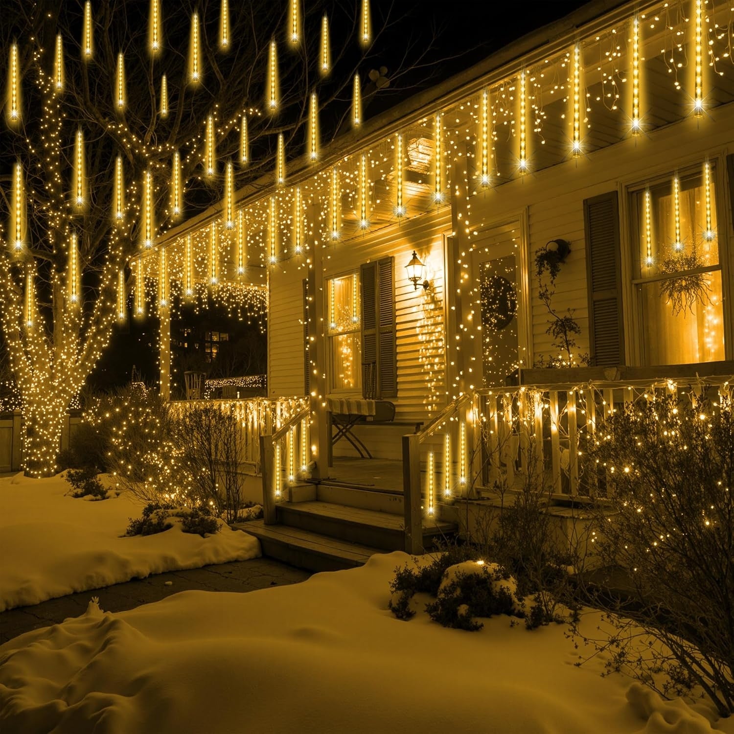 Instalatie Craciun Ploaie Meteori Joyful Box, 8 tuburi 30 cm, 4.5 Metri, Galben, Efect ploaie de stele, Interconectabila