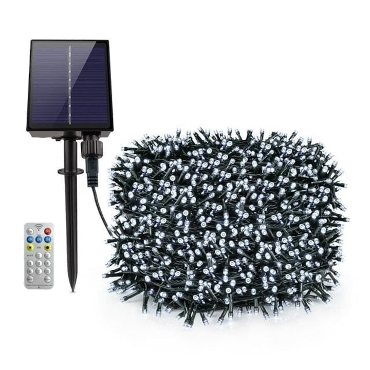 Instalatie Solara Joyful Box, 50 Metri, 500 LED-uri, Alb rece, Panou solar mare, 1200mAh, Telecomanda Wireless