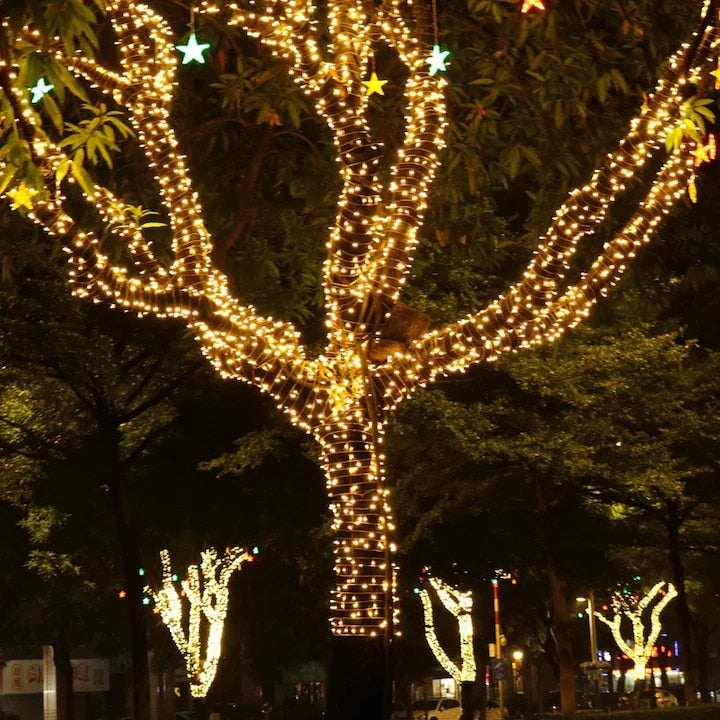 Instalatie Liniara Joyful Box, Galben, 50 Metri, 250 LED-uri tip diamant si 8 jocuri de lumini, pentru interior si exterior, Lumina alba calda