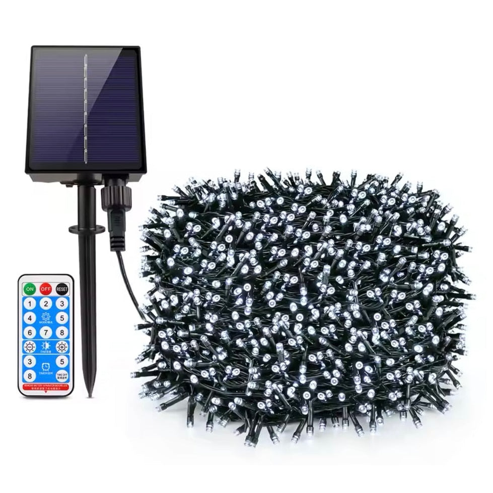 Instalatie Solara Joyful Box, 60 Metri, 600 LED-uri, Alb rece, Panou solar mare, 1200mAh, Telecomanda Wireless