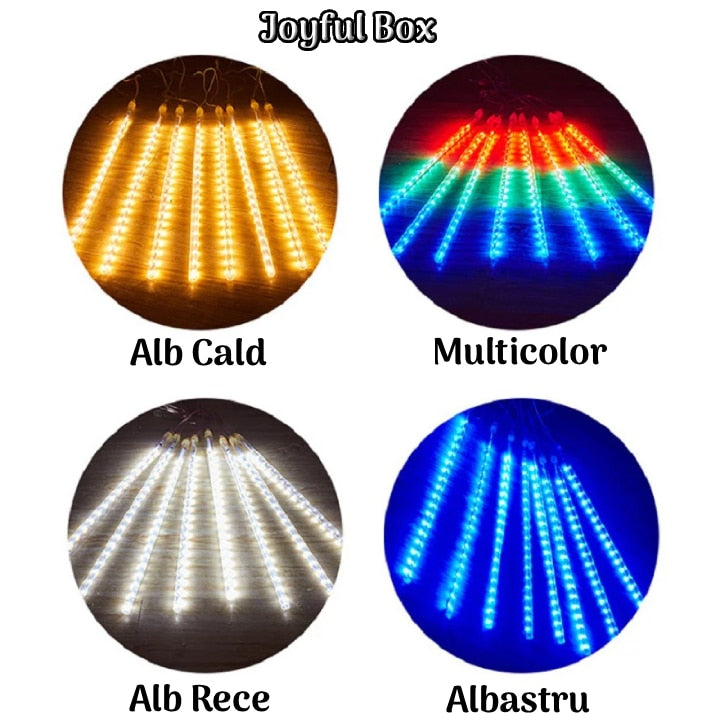 Instalatie Craciun Ploaie Meteori Joyful Box, 8 tuburi 80 cm, 4.5 Metri, Alb rece, Efect ploaie de stele, Interconectabila