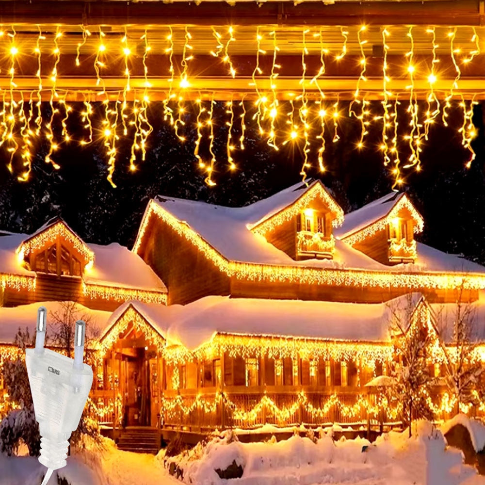 Instalatie Premium Turturi Joyful Box, 50 Metri, 1000 LED-uri, Galben, Flash Alb, Interconectabila, Cablu alb cauciucat