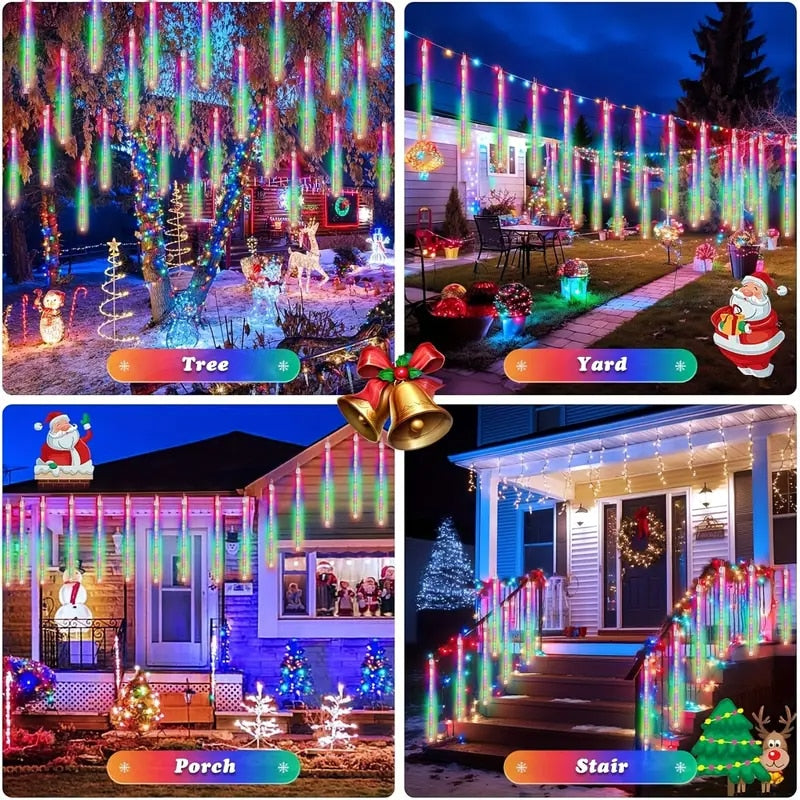 Instalatie Craciun Ploaie Meteori Joyful Box, 8 tuburi 80 cm, 4.5 Metri, Multicolor, Efect ploaie de stele, Interconectabila