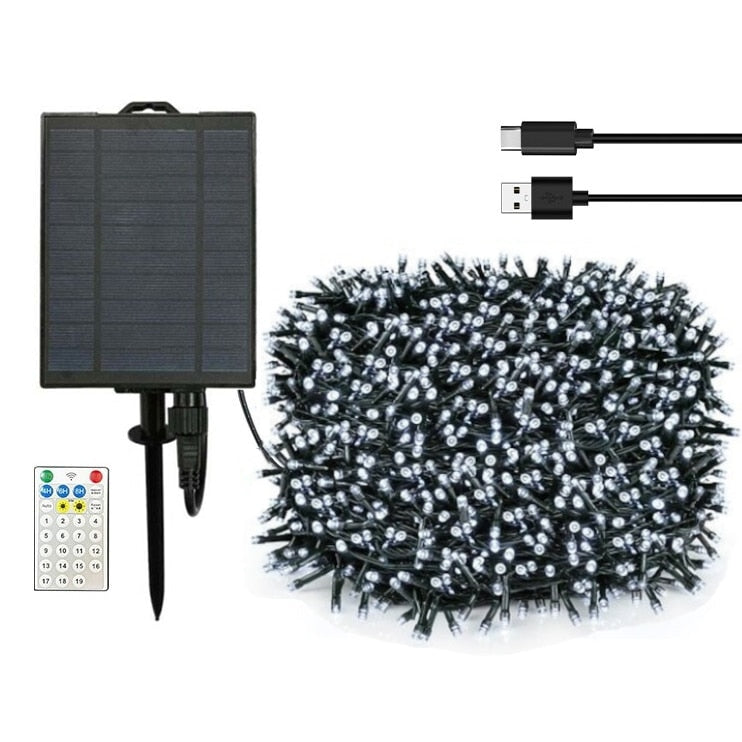 Instalatie Solara cu USB Joyful Box, 50 Metri, 500 LED-uri, Alb rece, Panou solar mare, 2200mAh, 19 jocuri de lumini, Telecomanda Profesionala Wireless