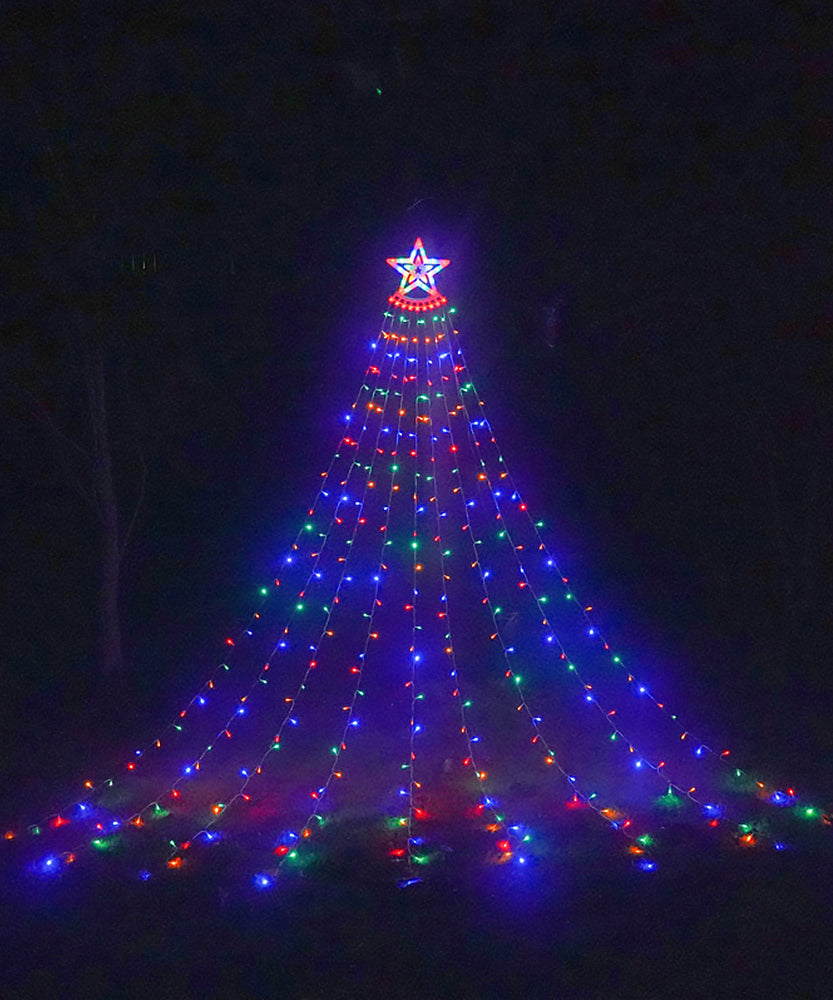 Instalatie Solara Perdea cu Stea Joyful Box, 350 LED-uri, 9 franjuri, Multicolor, 8 jocuri de lumini, Panou solar mare, Telecomanda Wireless