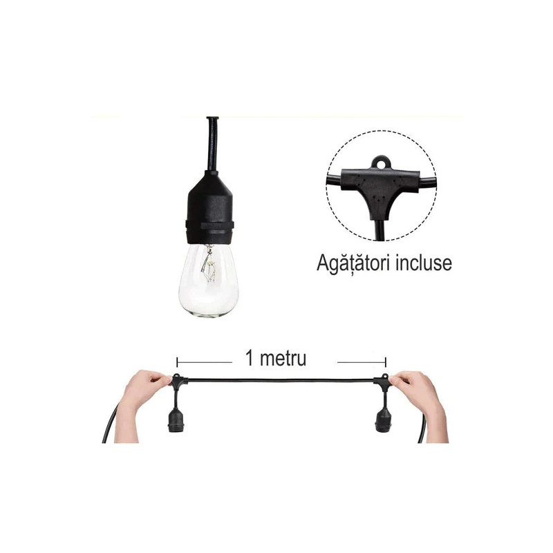 Ghirlanda Luminoasa Solara Joyful Box, Panou Solar si USB, 30 Metri, 30 Becuri, Becuri LED, Lumina calda, Telecomanda Wireless, IP65