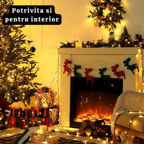 Instalatie Liniara Joyful Box, Galben, 50 Metri, 250 LED-uri tip diamant si 8 jocuri de lumini, pentru interior si exterior, Lumina alba calda