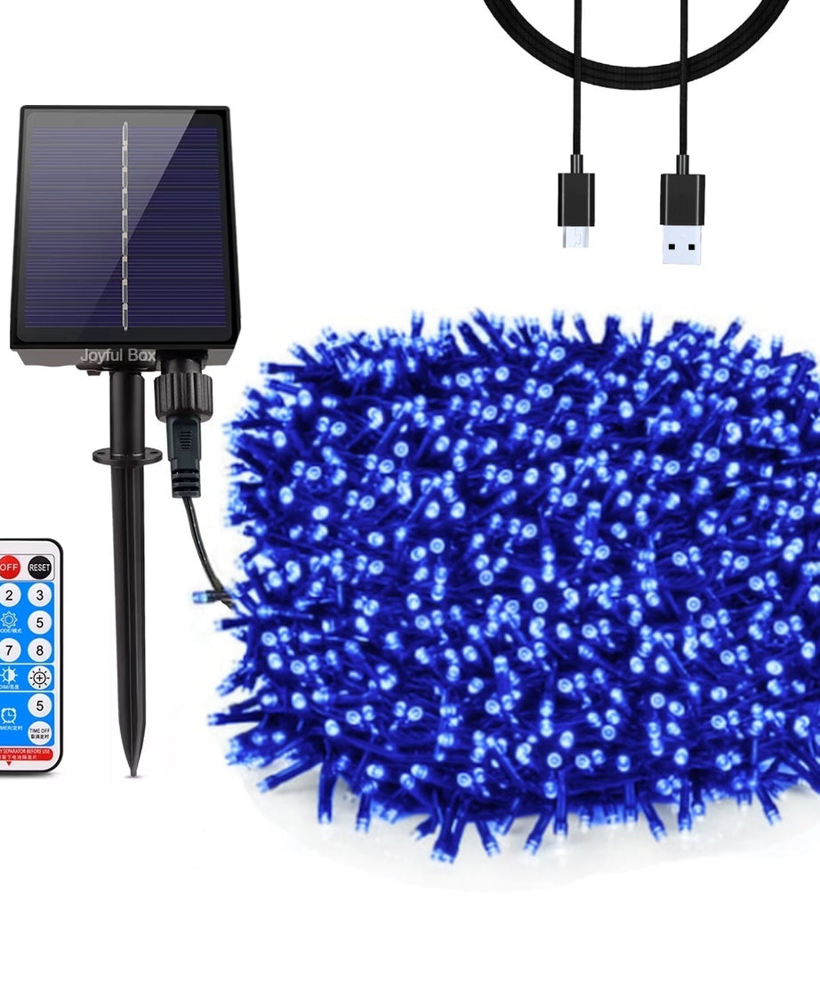 Instalatie Solara cu USB Joyful Box, 30 Metri, 300 LED-uri, Albastru, Panou solar mare, 2200mAh, 8 jocuri de lumini, Telecomanda Wireless