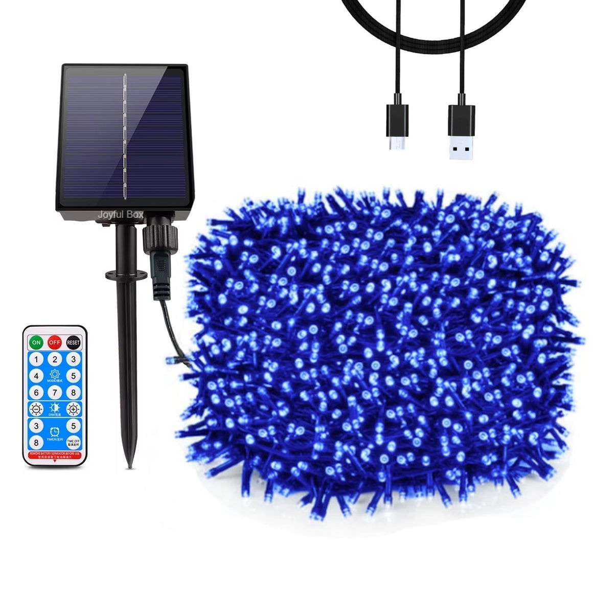 Instalatie Solara cu USB Joyful Box, 30 Metri, 300 LED-uri, Albastru, Panou solar mare, 2200mAh, 8 jocuri de lumini, Telecomanda Wireless