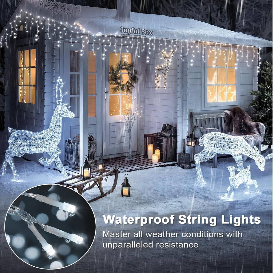 Instalatie Premium Turturi Joyful Box, 50 Metri, 1000 LED-uri, Alb rece, Flash Alb, Interconectabila, Cablu alb cauciucat