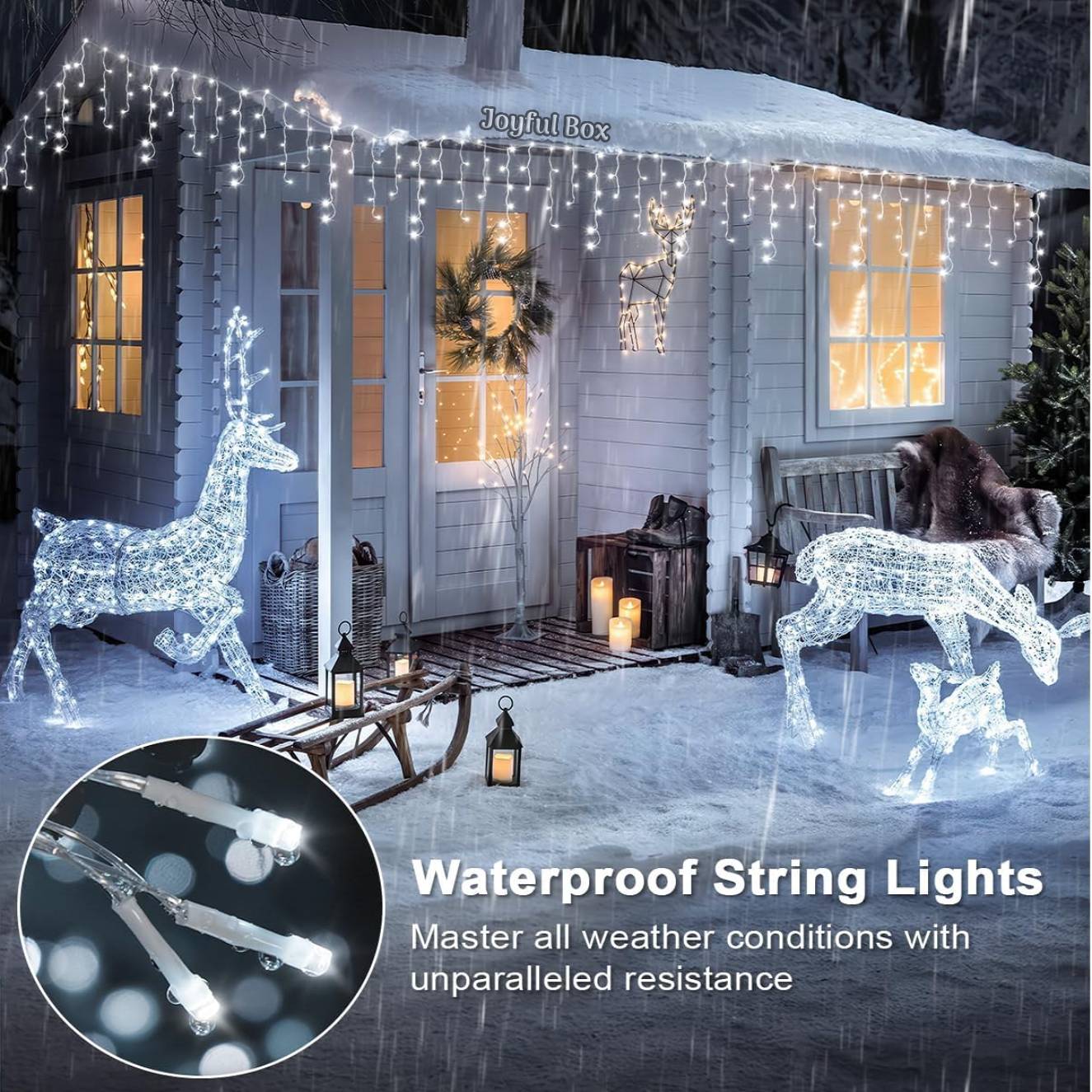 Instalatie Premium Turturi Joyful Box, 50 Metri, 1000 LED-uri, Alb rece, Flash Alb, Interconectabila, Cablu alb cauciucat