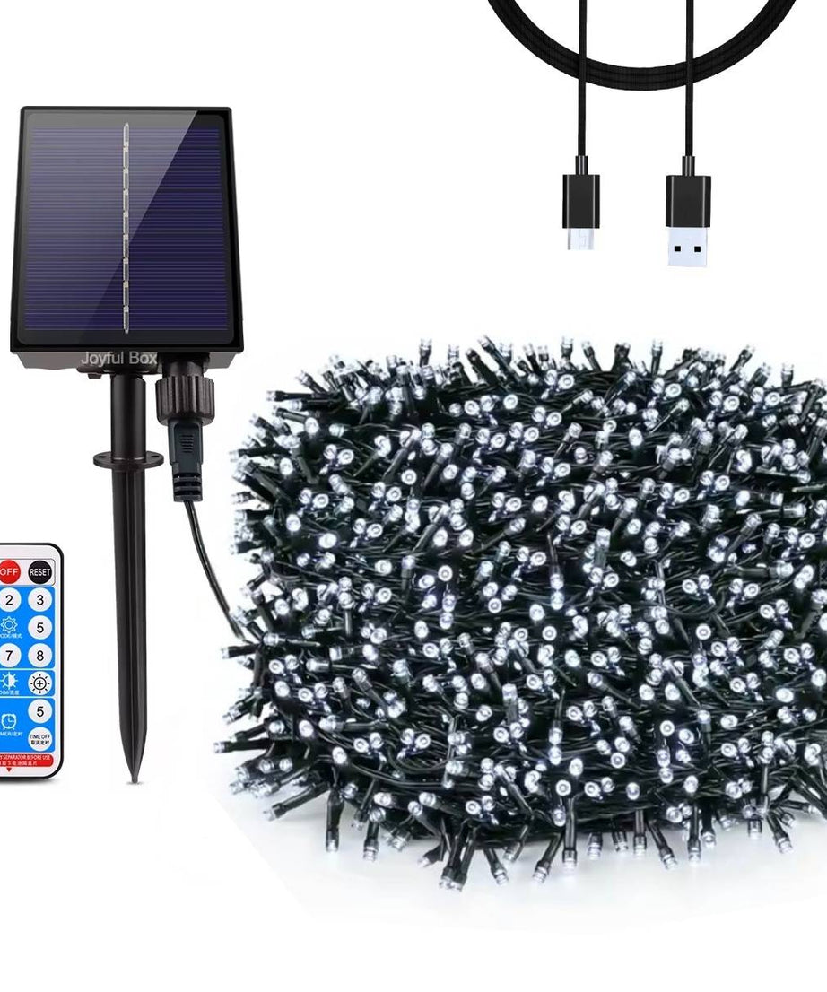 Instalatie Solara cu USB Joyful Box, 30 Metri, 300 LED-uri, Alb rece, Panou solar mare, 2200mAh, 8 jocuri de lumini, Telecomanda Wireless
