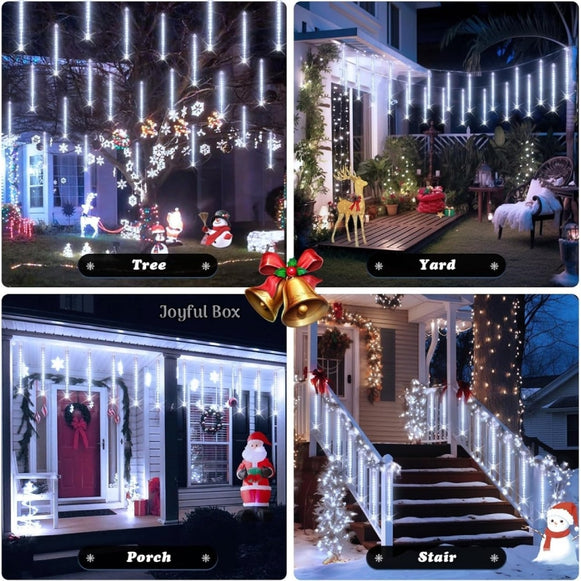 Instalatie Craciun Ploaie Meteori Joyful Box, 8 tuburi 80 cm, 4.5 Metri, Alb rece, Efect ploaie de stele, Interconectabila