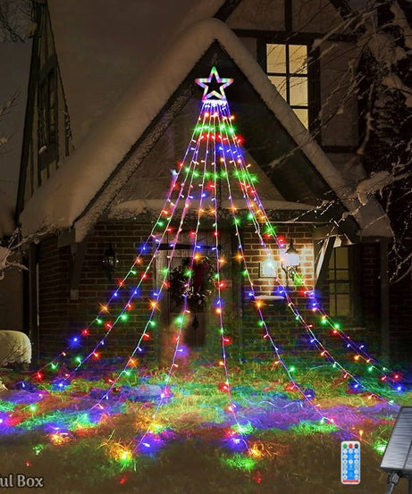 Instalatie Solara Perdea cu Stea Joyful Box, 350 LED-uri, 9 franjuri, Multicolor, 8 jocuri de lumini, Panou solar mare, Telecomanda Wireless