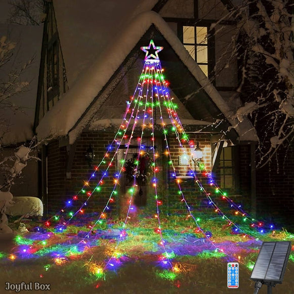 Instalatie Solara Perdea cu Stea Joyful Box, 350 LED-uri, 9 franjuri, Multicolor, 8 jocuri de lumini, Panou solar mare, Telecomanda Wireless