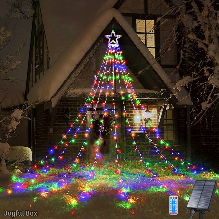 Instalatie Solara Perdea cu Stea Joyful Box, 350 LED-uri, 9 franjuri, Multicolor, 8 jocuri de lumini, Panou solar mare, Telecomanda Wireless