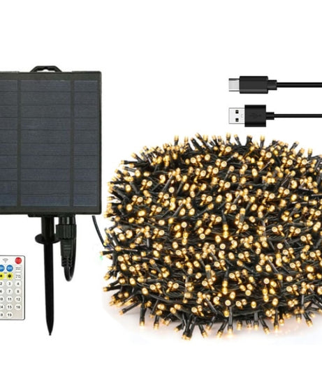 Instalatie Solara cu USB Joyful Box, 50 Metri, 500 LED-uri, Galben, Panou solar mare, 2200mAh, 19 jocuri de lumini, Telecomanda Profesionala Wireless
