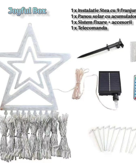 Instalatie Solara Perdea cu Stea Joyful Box, 350 LED-uri, 9 franjuri, Multicolor, 8 jocuri de lumini, Panou solar mare, Telecomanda Wireless