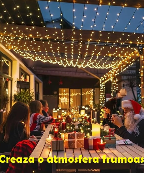Instalatie Liniara Joyful Box, Galben, 100 Metri, 500 LED-uri tip diamant si 8 jocuri de lumini, pentru interior si exterior, Lumina alba calda