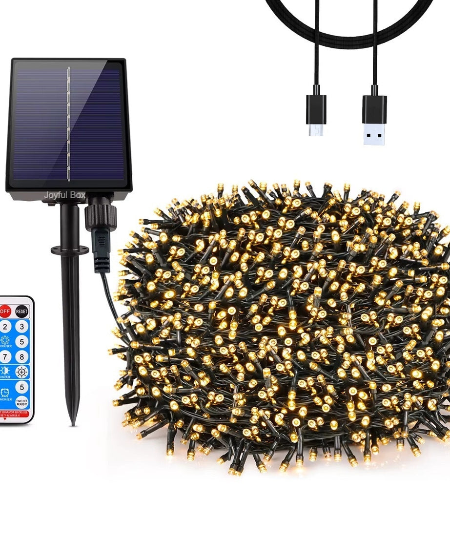 Instalatie Solara cu USB Joyful Box, 30 Metri, 300 LED-uri, Galben, Panou solar mare, 2200mAh, 8 jocuri de lumini, Telecomanda Wireless
