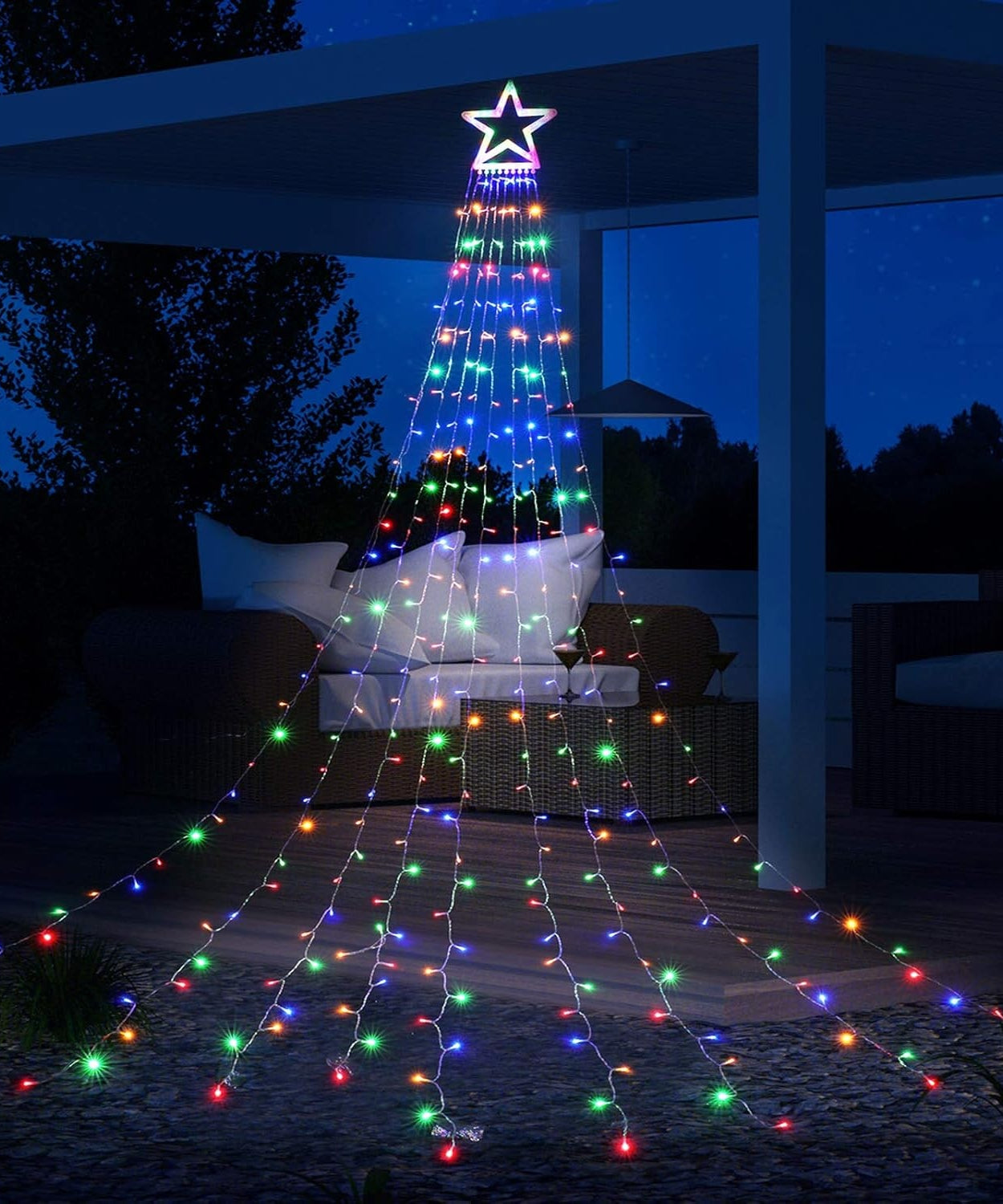 Instalatie Solara Perdea cu Stea Joyful Box, 350 LED-uri, 9 franjuri, Multicolor, 8 jocuri de lumini, Panou solar mare, Telecomanda Wireless