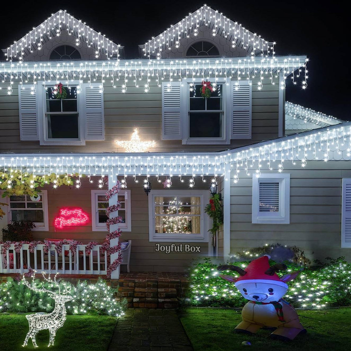 Instalatie Premium Turturi Joyful Box, 50 Metri, 1000 LED-uri, Alb rece, Flash Alb, Interconectabila, Cablu alb cauciucat