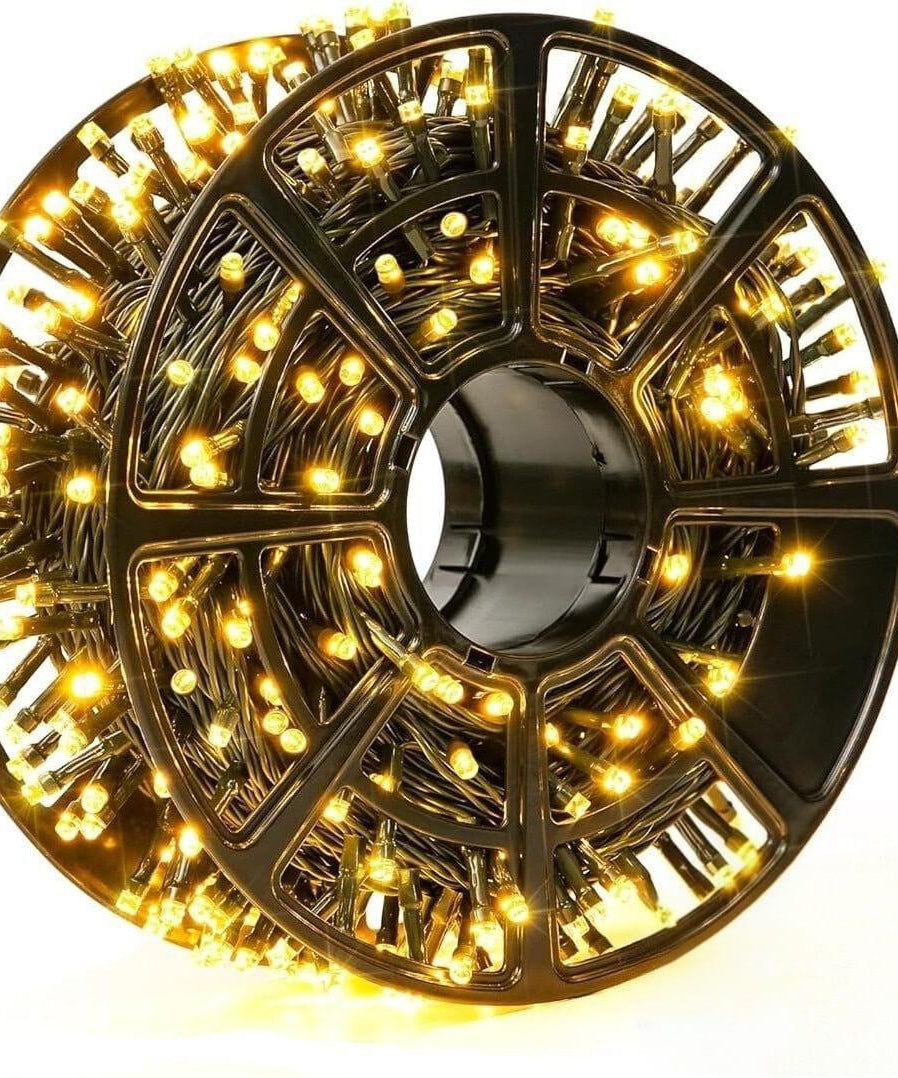 Instalatie Liniara Joyful Box, Galben, 100 Metri, 500 LED-uri tip diamant si 8 jocuri de lumini, pentru interior si exterior, Lumina alba calda