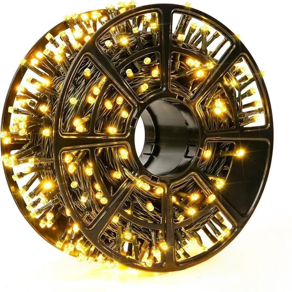 Instalatie Liniara Joyful Box, Galben, 100 Metri, 500 LED-uri tip diamant si 8 jocuri de lumini, pentru interior si exterior, Lumina alba calda