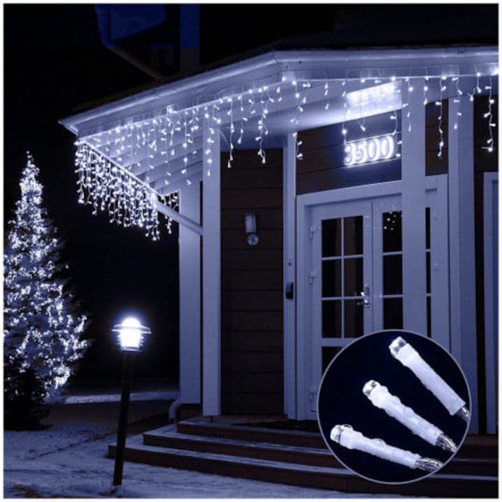 Instalatie Turturi Joyful Box, 20 Metri, 500 LED-uri, Alb rece, Interconectabila, 8 jocuri de lumini, Interior-Exterior, Waterproof