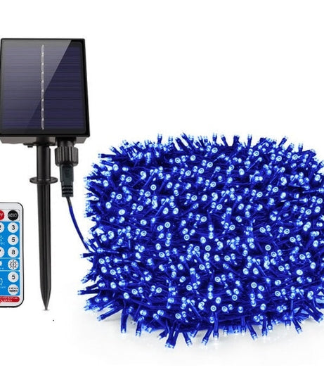 Instalatie Solara Joyful Box, 30 Metri, 300 LED-uri, Albastru, Panou solar mare, 1200mAh, Telecomanda Wireless