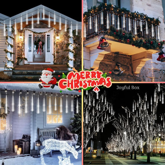 Instalatie Craciun Ploaie Meteori Joyful Box, 8 tuburi 80 cm, 4.5 Metri, Alb rece, Efect ploaie de stele, Interconectabila