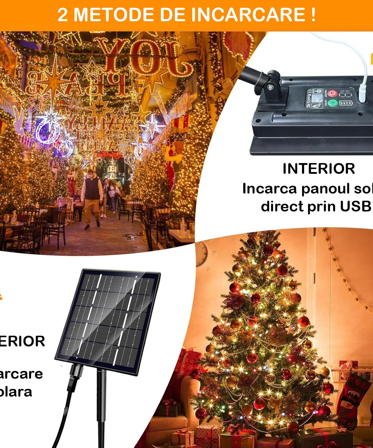 Instalatie Solara cu USB Joyful Box, 30 Metri, 300 LED-uri, Galben, Panou solar mare, 2200mAh, 8 jocuri de lumini, Telecomanda Wireless