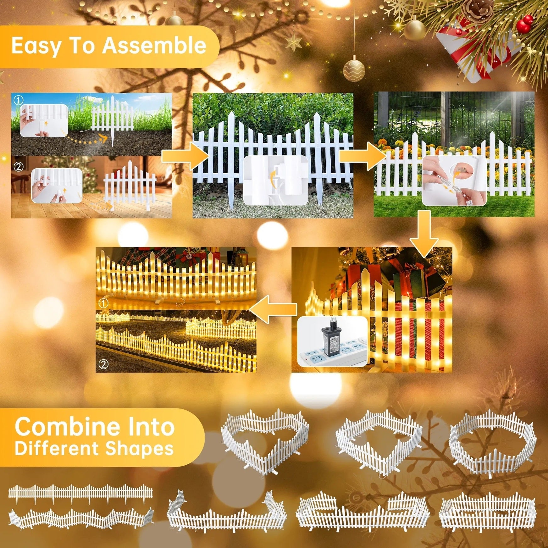 Gard decorativ cu LED-uri Joyful Box, 2.8 Metri, Galben, 8 moduri de iluminare, Interconectabil, Interior-Exterior, Lumina Alba Calda, 220W