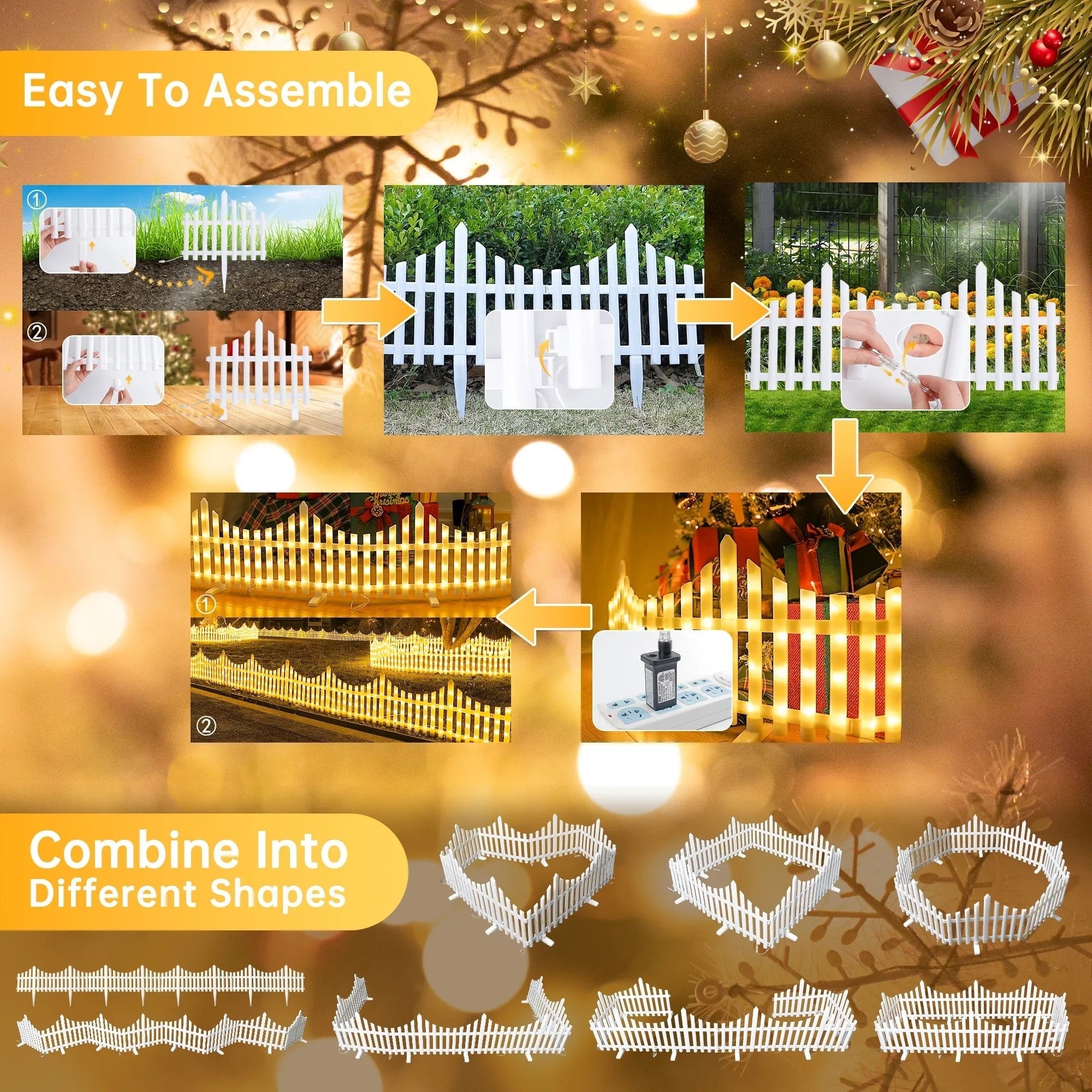 Gard decorativ cu LED-uri Joyful Box, 2.8 Metri, Galben, 8 moduri de iluminare, Interconectabil, Interior-Exterior, Lumina Alba Calda, 220W