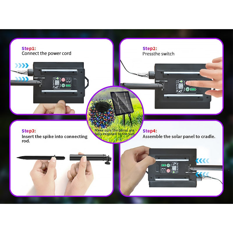 Instalatie Solara cu USB Joyful Box, 30 Metri, 300 LED-uri, Galben, Panou solar mare, 2200mAh, 8 jocuri de lumini, Telecomanda Wireless