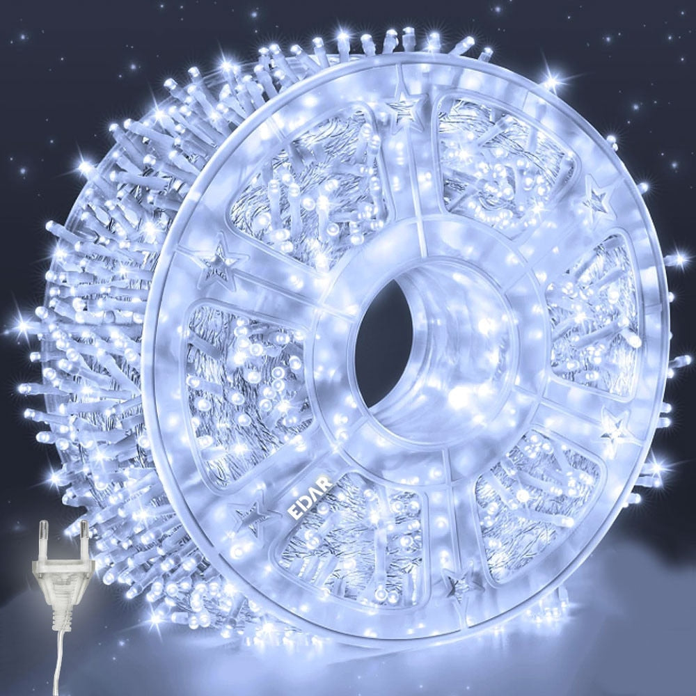 Instalatie Liniara Joyful Box, Alb rece, 100 Metri, 500 LED-uri tip diamant si 8 jocuri de lumini, pentru interior si exterior