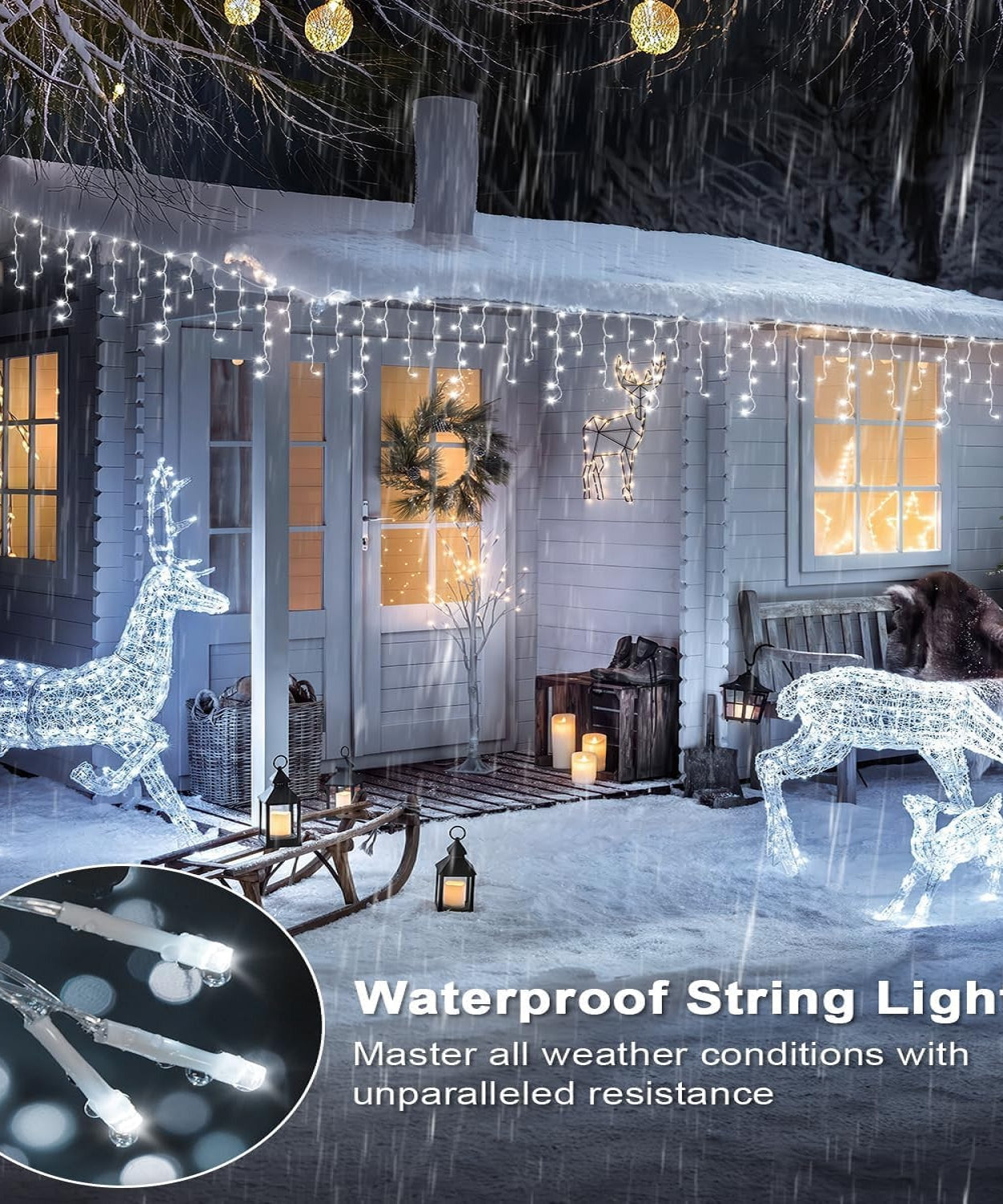 Instalatie Turturi Joyful Box, 30 Metri, 1200 LED-uri, Alb rece, Interconectabila, 8 jocuri de lumini, Interior-Exterior, Waterproof