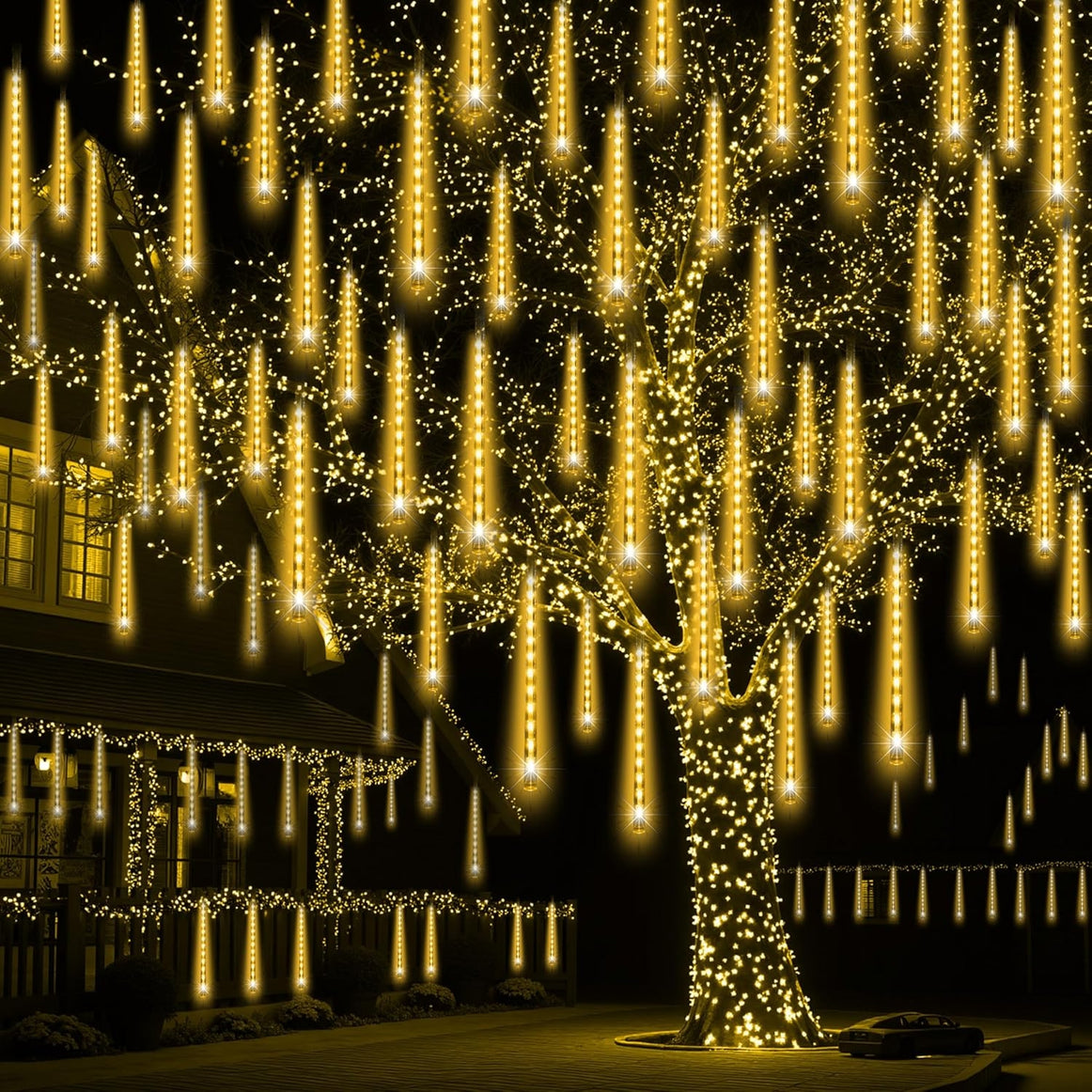 Instalatie Craciun Ploaie Meteori Joyful Box, 8 tuburi 30 cm, 4.5 Metri, Galben, Efect ploaie de stele, Interconectabila