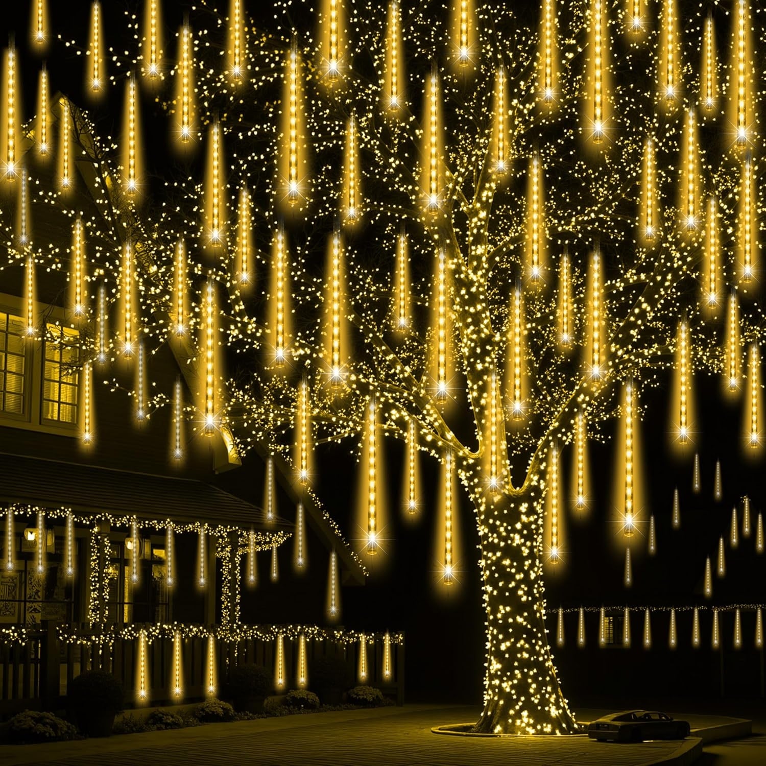 Instalatie Craciun Ploaie Meteori Joyful Box, 8 tuburi 30 cm, 4.5 Metri, Galben, Efect ploaie de stele, Interconectabila