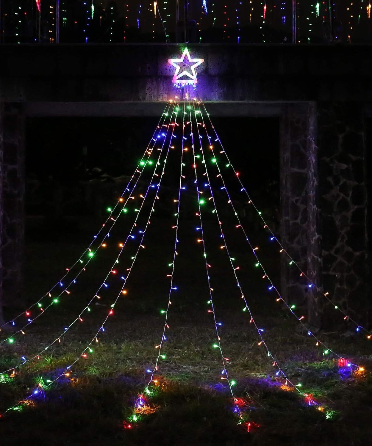 Instalatie Solara Perdea cu Stea Joyful Box, 350 LED-uri, 9 franjuri, Multicolor, 8 jocuri de lumini, Panou solar mare, Telecomanda Wireless